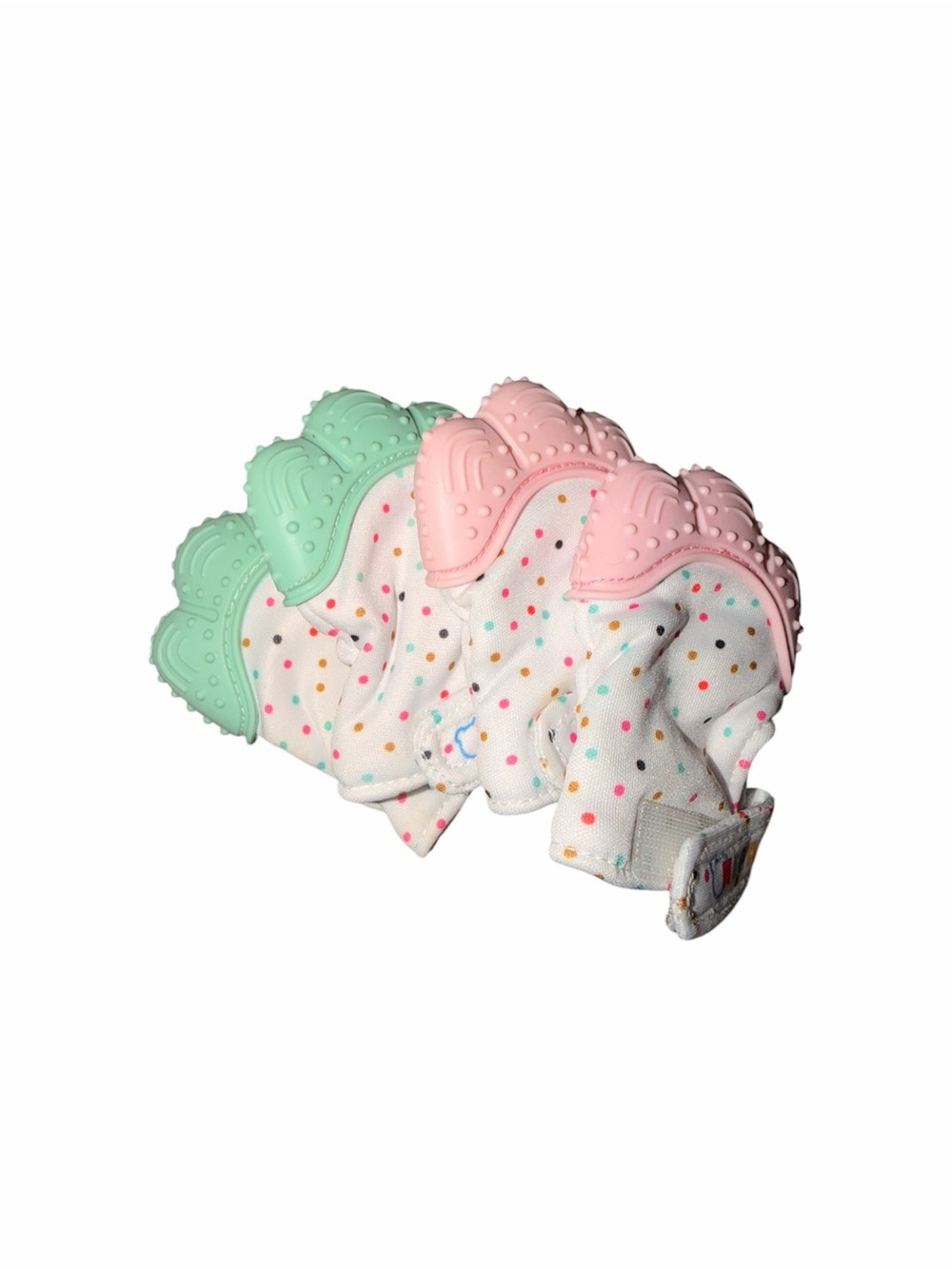Baby Teething Gloves Pink Mint Polka Dot Silicone Set